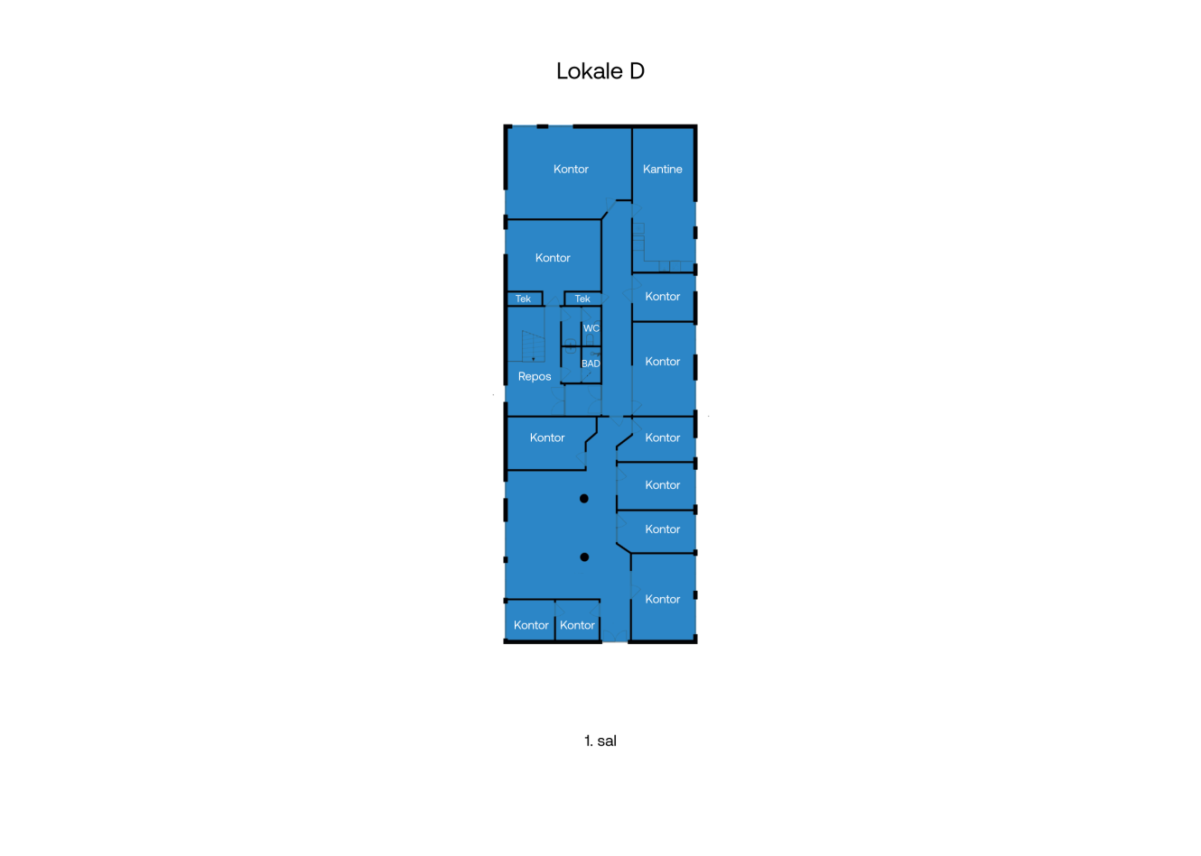 Grundplan over Lokale D, 1. sal, med kontorlokaler (Kontor), køkken og toilet markeret med blå farve og hvide etiketter.