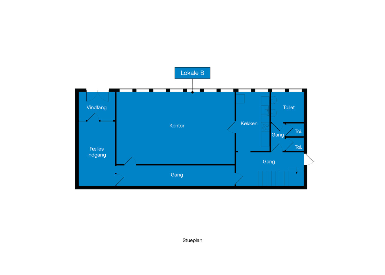 Plantegning mærket Stueplan med rum som Vindfang, Fælles Indgang, Kontor, Køkken, Gang og to toiletter, med Lokale B fremhævet øverst.