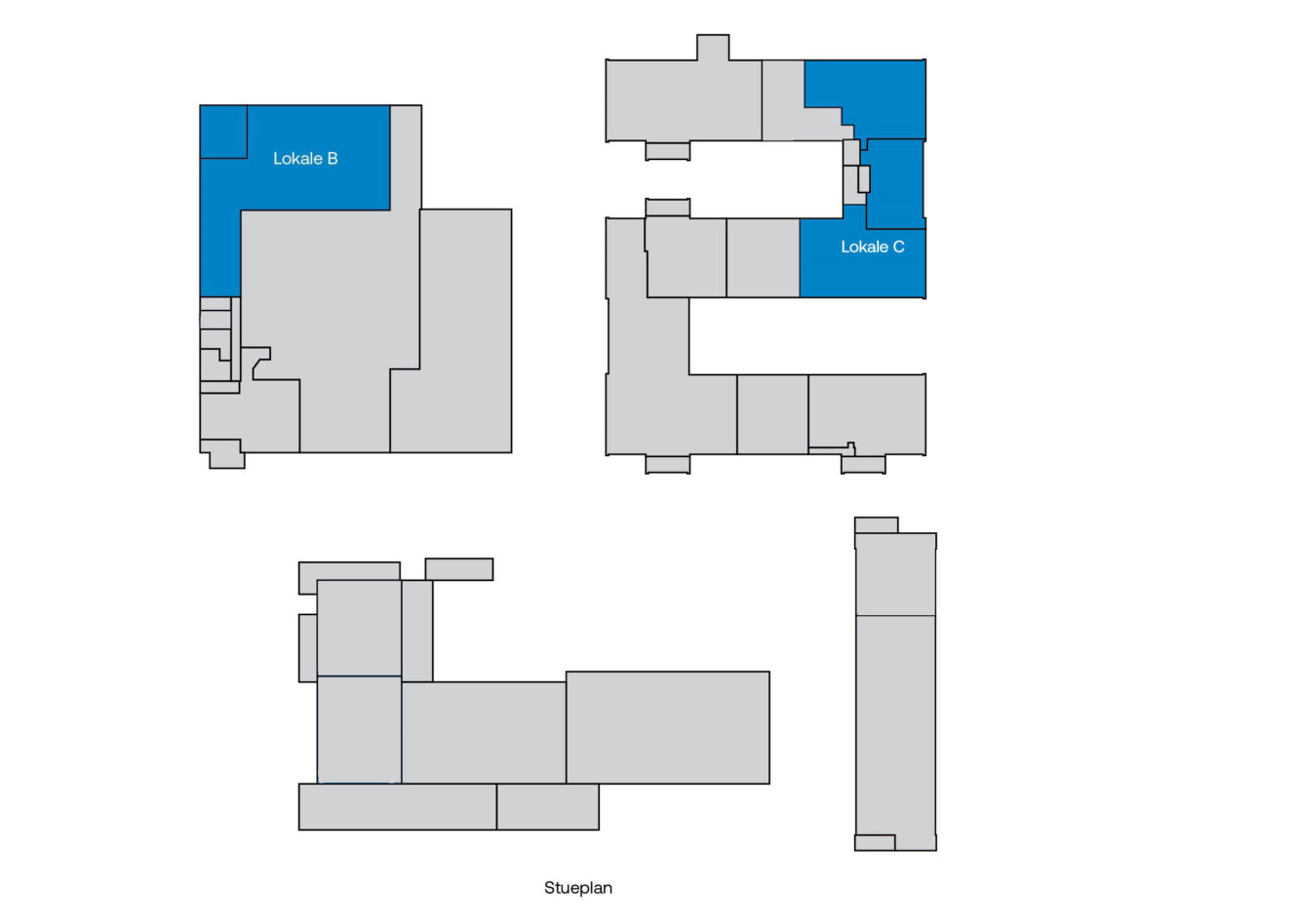 Plantegning med fire bygningsafsnit; Lokale B og Lokale C er fremhævet med blåt i to forskellige afsnit, mens resten af områderne er vist med gråt.