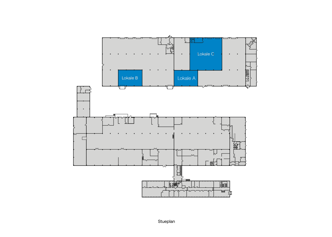 Plantegning af en bygning med tre rum markeret og fremhævet med blåt: Lokale A, Lokale B og Lokale C. Resten af bygningen er vist med gråt.