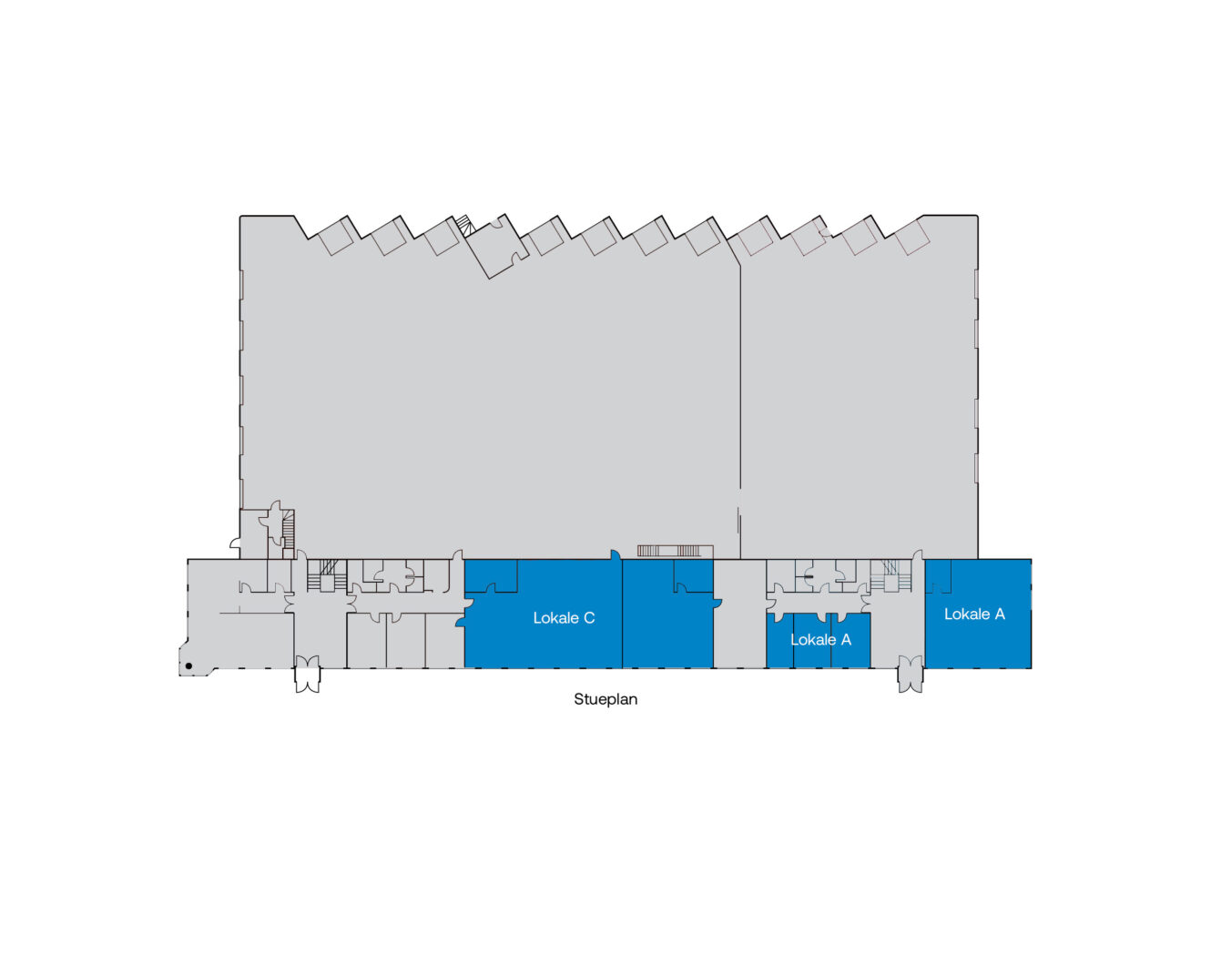 Plantegning med tre rum mærket Lokale A, Lokale A og Lokale C fremhævet med blåt langs den nederste kant; resten af området er skraveret med gråt.