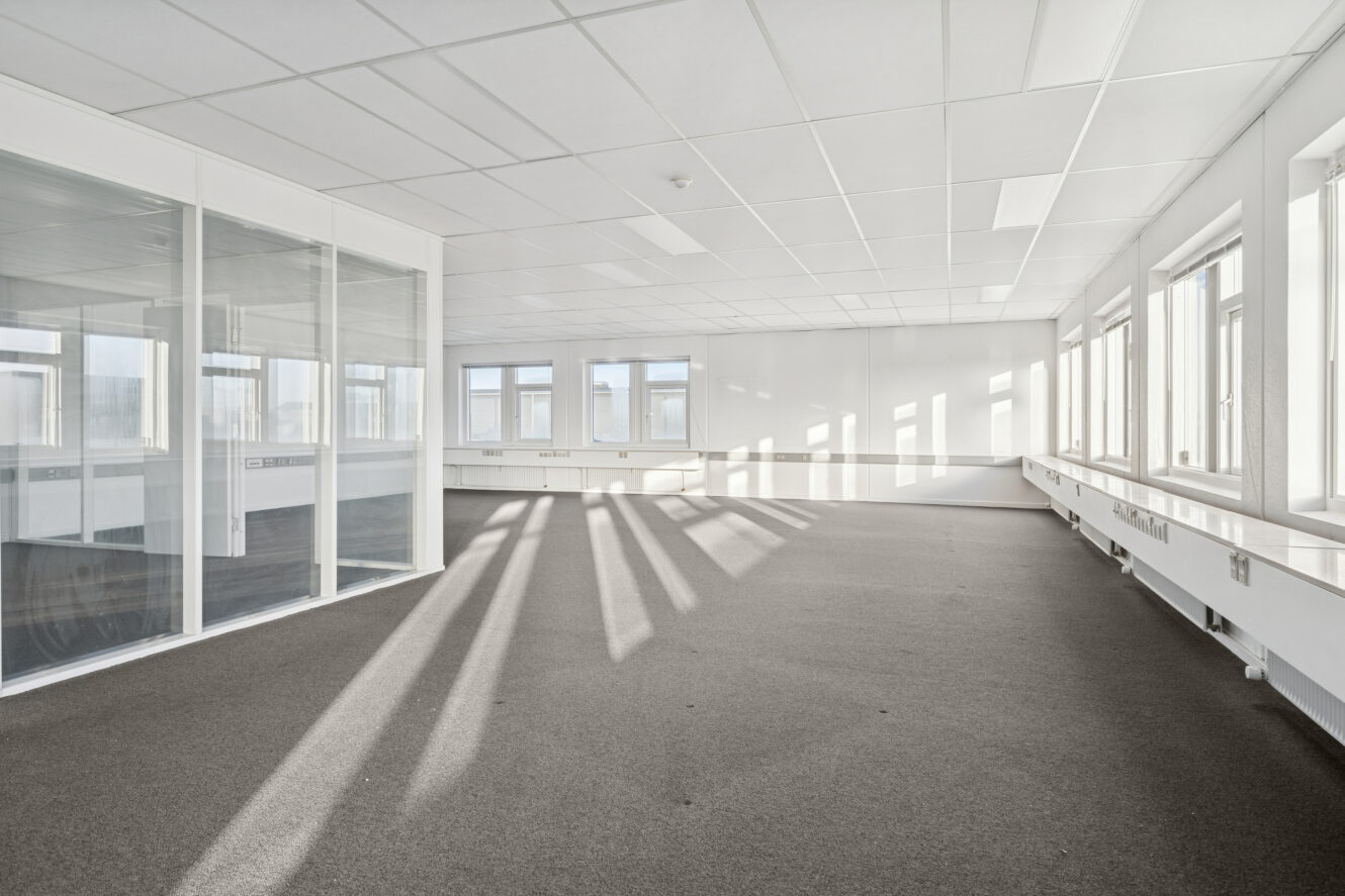 Tomt kontorlokale med store vinduer langs to vægge, mødelokale med glasvægge til venstre, gråt gulvtæppe og hvide loftsplader. Sollyset kaster lange skygger hen over gulvet.