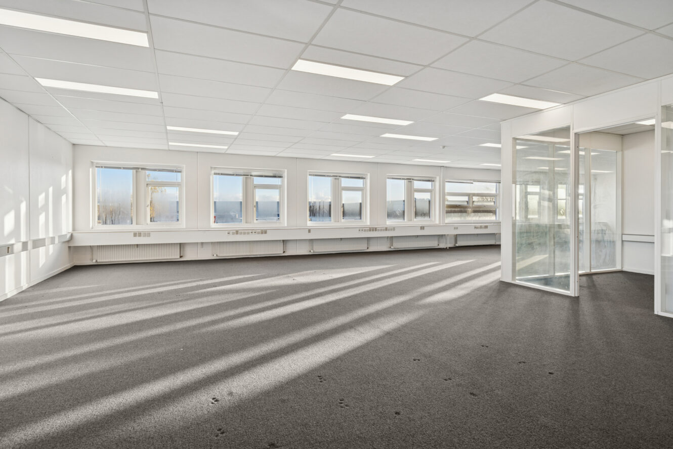 Tomme kontorlokaler med store vinduer, gråt gulvtæppe, hvide vægge og et mødelokale med glasvægge; sollyset strømmer ind gennem vinduerne og kaster skygger på gulvet.
