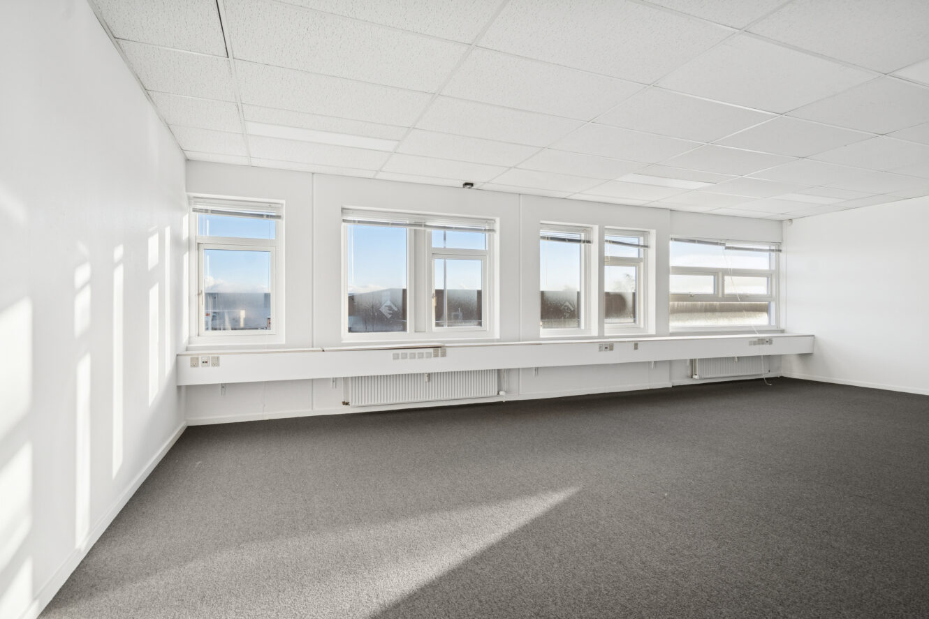 Tomt kontorlokale med hvide vægge, gråt gulvtæppe, flere store vinduer og et nedhængt loft med lysstofrør. Sollyset strømmer ind gennem vinduerne.