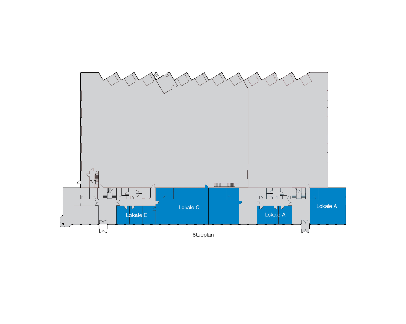 Plantegning med fem mærkede rum: Lokale A, Lokale A, Lokale C, Lokale D og Lokale E, alle markeret med blåt i bunden af planen.