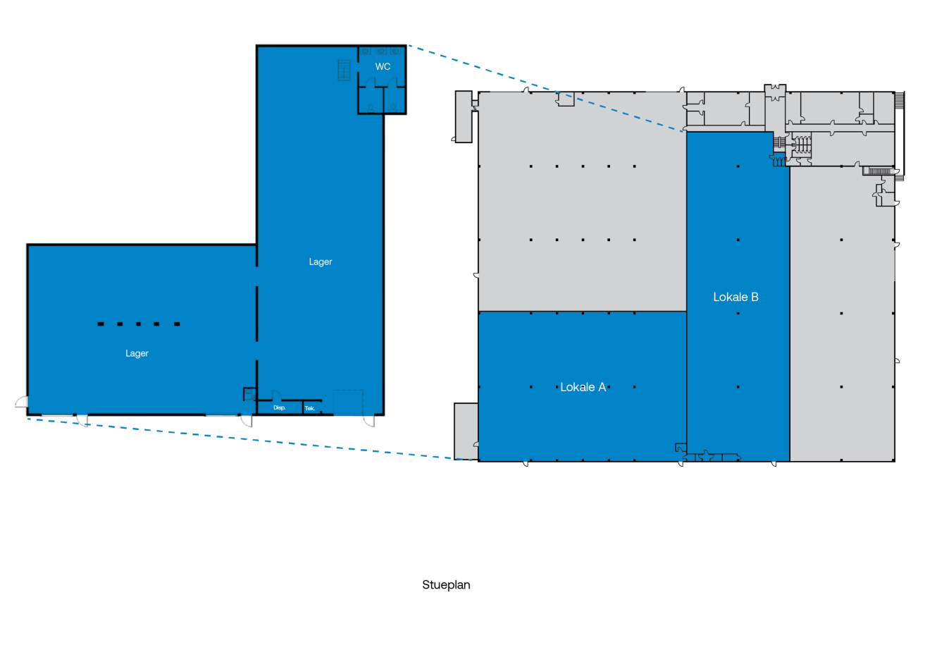 En plantegning, der viser to forbundne sektioner med markerede områder: Lager, toilet, Lokale A og Lokale B. Blå skravering fremhæver specifikke rum. Stueplanen er skrevet nedenfor.