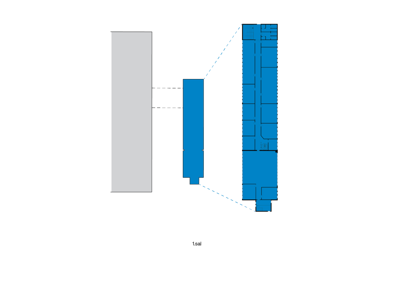 Plantegning i blåtryksstil, der viser en rektangulær hovedbygning i blåt med omridsede rum, der er forbundet med korridorer til to tilstødende grå strukturer.