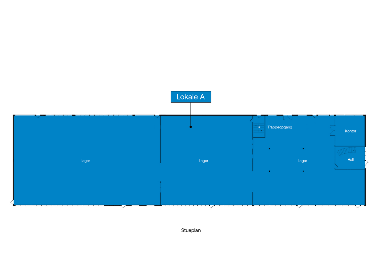 Plantegning mærket Lokale A med markerede områder til lager, trappeopgang, kontor og hal.