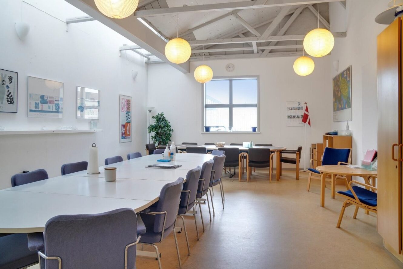 Et lyst mødelokale med lange borde, blå stole, hængende runde lamper, vægkunst, en plante og et dansk flag ved vinduet.