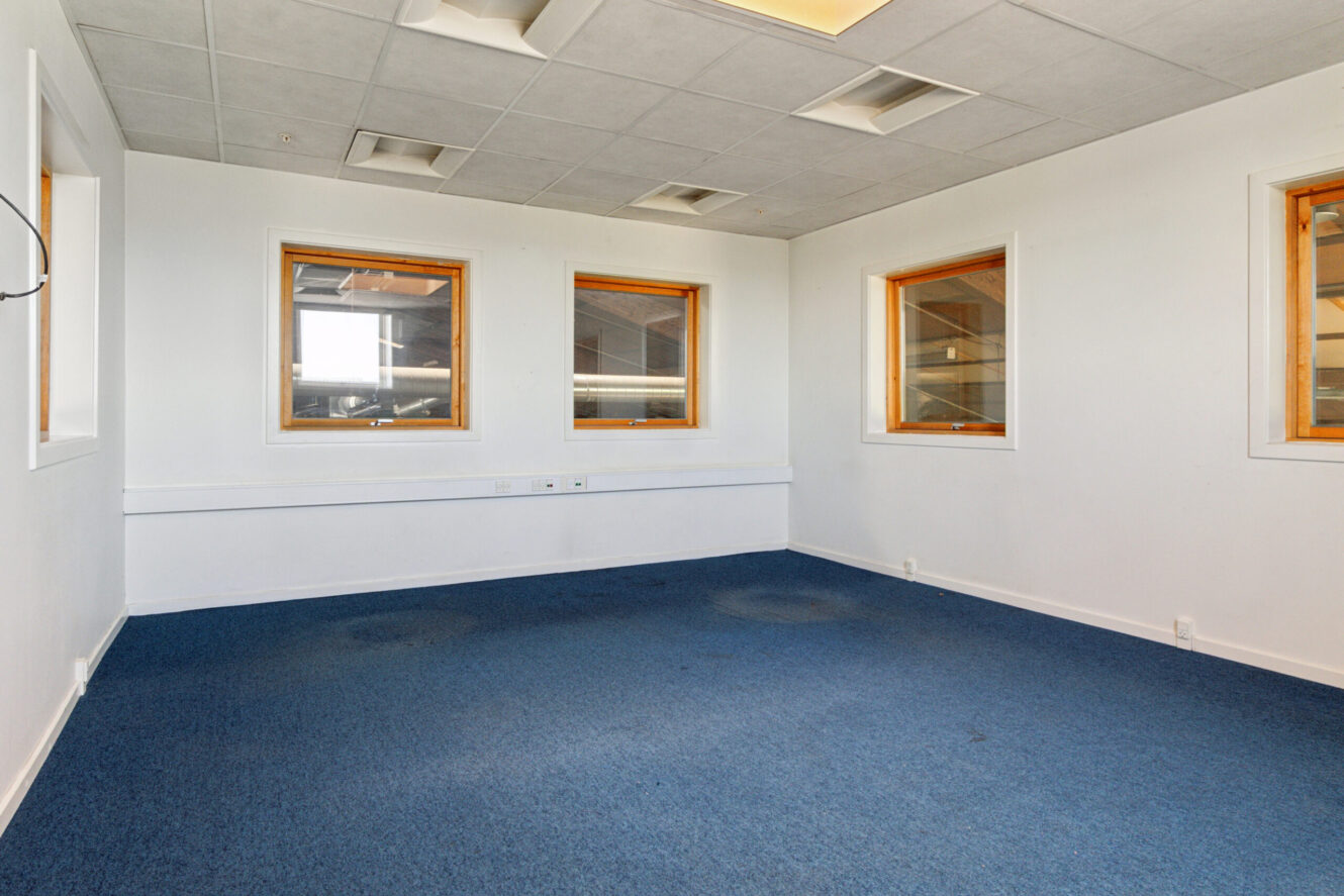 Tomt kontorlokale med blåt gulvtæppe, tre vinduer med trærammer, hvide vægge og et hvidt loft med indbygget belysning.