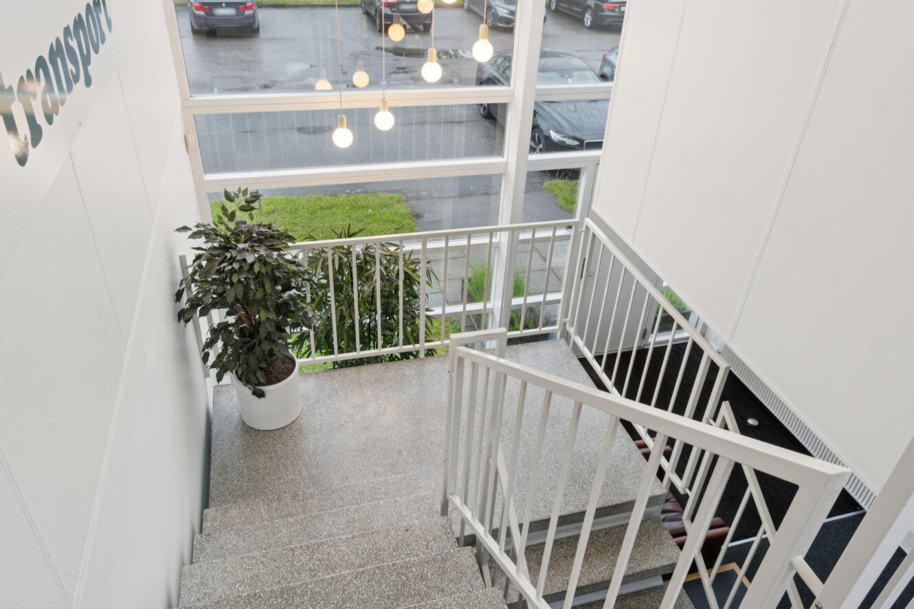 Udsigt fra toppen af en trappeopgang med hvidt gelænder, en potteplante på reposen og store vinduer, der viser parkerede biler og det våde fortov udenfor.