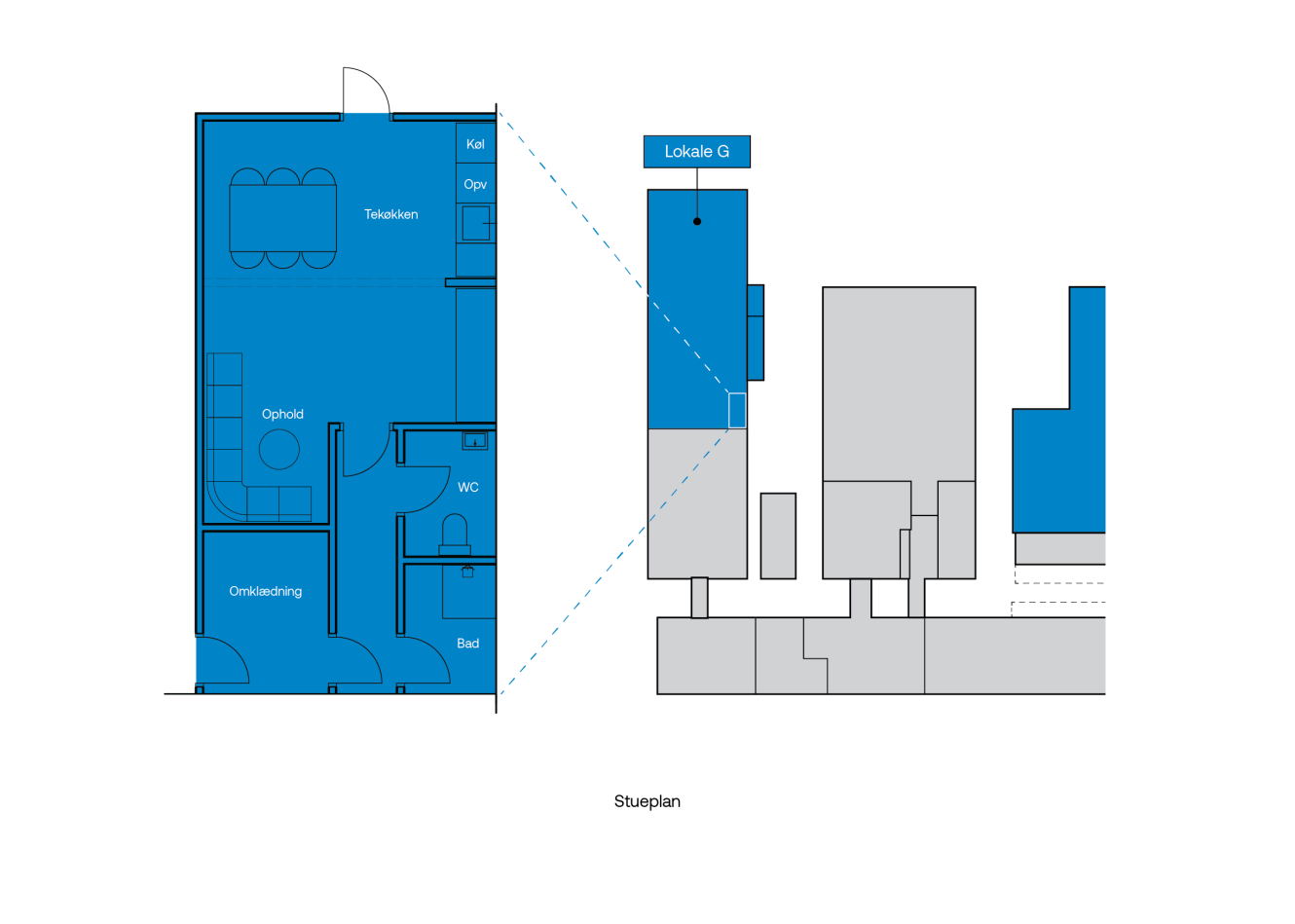 Plantegning mærket Stueplan, der viser indretningen af en enhed kaldet Lokale G med rum, herunder køkken, opholdsstue, toilet, bad og indgang, markeret med blåt.
