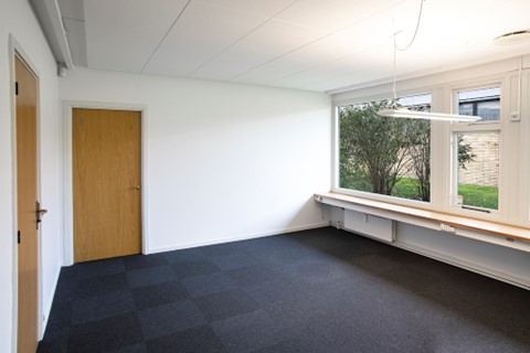 Tomt kontorlokale med hvide vægge, mørkt gulvtæppe, to trædøre, store vinduer og et langt træskrivebord under vinduerne. Der kommer naturligt lys ind udefra.