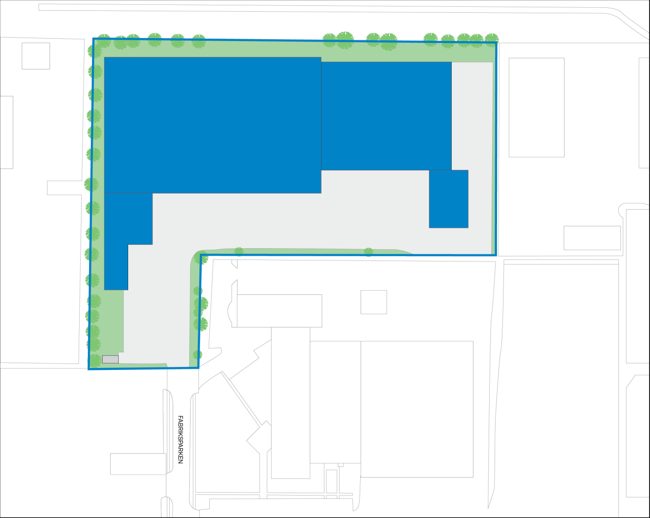 Kortet viser en stor blå bygning med en indkørsel, omgivet af grønne træer langs ejendomsgrænsen. Kortet inkluderer tilstødende strukturer og vejadgang mærket "Hochschulstraße.".