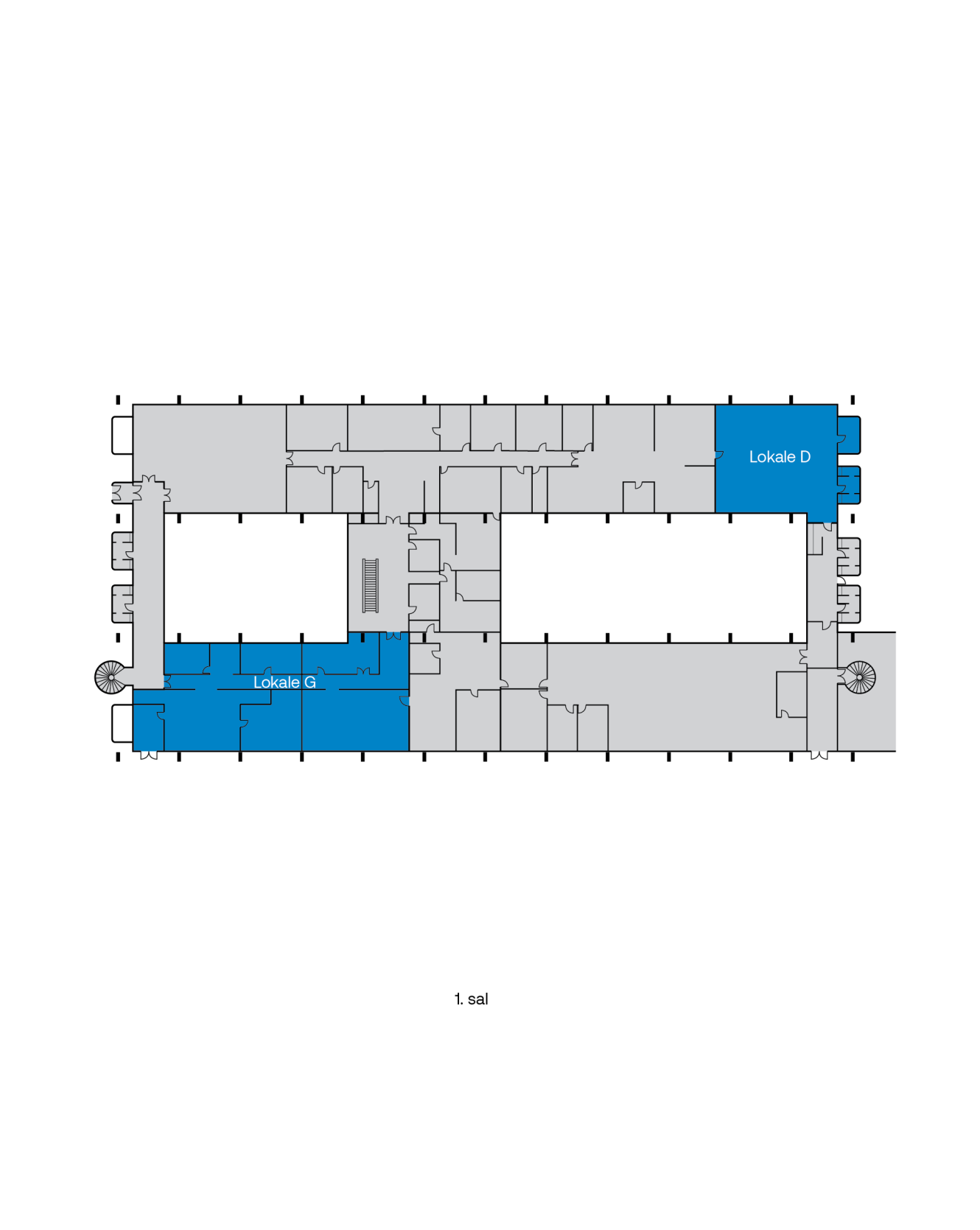 Plantegning af første sal med to rum, Lokale C og Lokale D, markeret med blåt på hver sin side af bygningen.