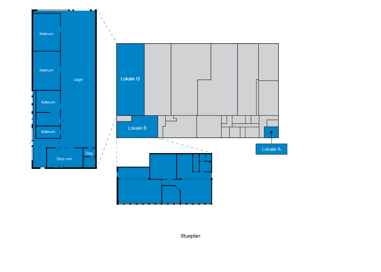 Plantegning, der viser tre fremhævede områder mærket Lokale G, Lokale B og Lokale A, med yderligere rum mærket Keller, Lager og Disp. rom i blåt.