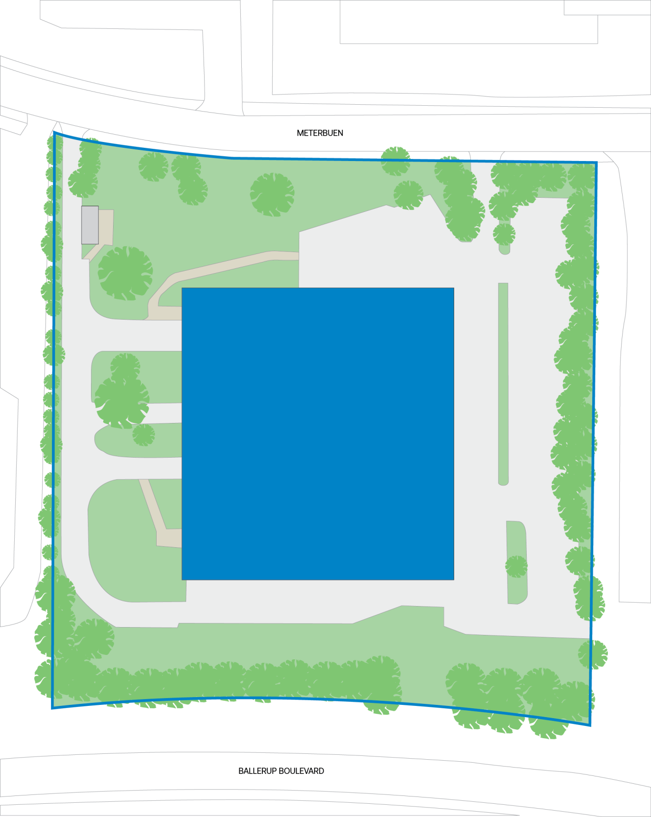 En situationsplan, der viser en stor blå rektangulær bygning i midten, omgivet af stier, parkeringspladser, træer og tilstødende gader med betegnelserne Meterbuen og Ballerup Boulevard.