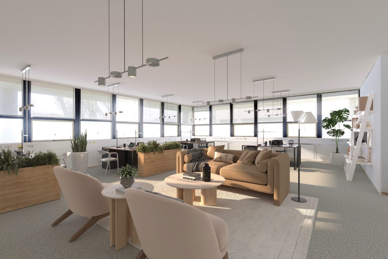 Moderne åbent kontorlandskab med store vinduer, møbler i neutrale farver, indendørs planter og flere arbejdsstationer adskilt af plantekasser.