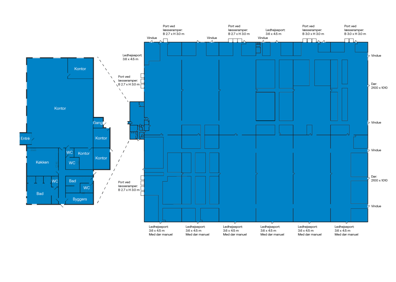 Plantegning, der viser kontorlokaler, toiletter, køkken, gange og et større tilstødende industriområde med døre, vinduer og læssepladser markeret på dansk.