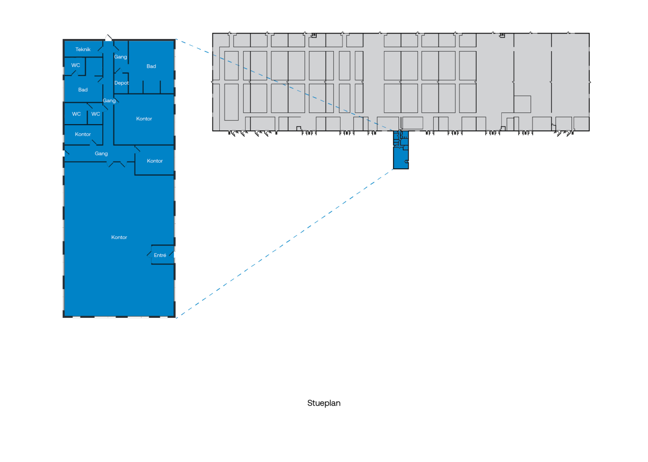 En plantegning, der viser detaljerede kontor- og bryggersrum til venstre i blåt og en større oversigt over bygningens layout til højre i gråt, med en sektion fremhævet.