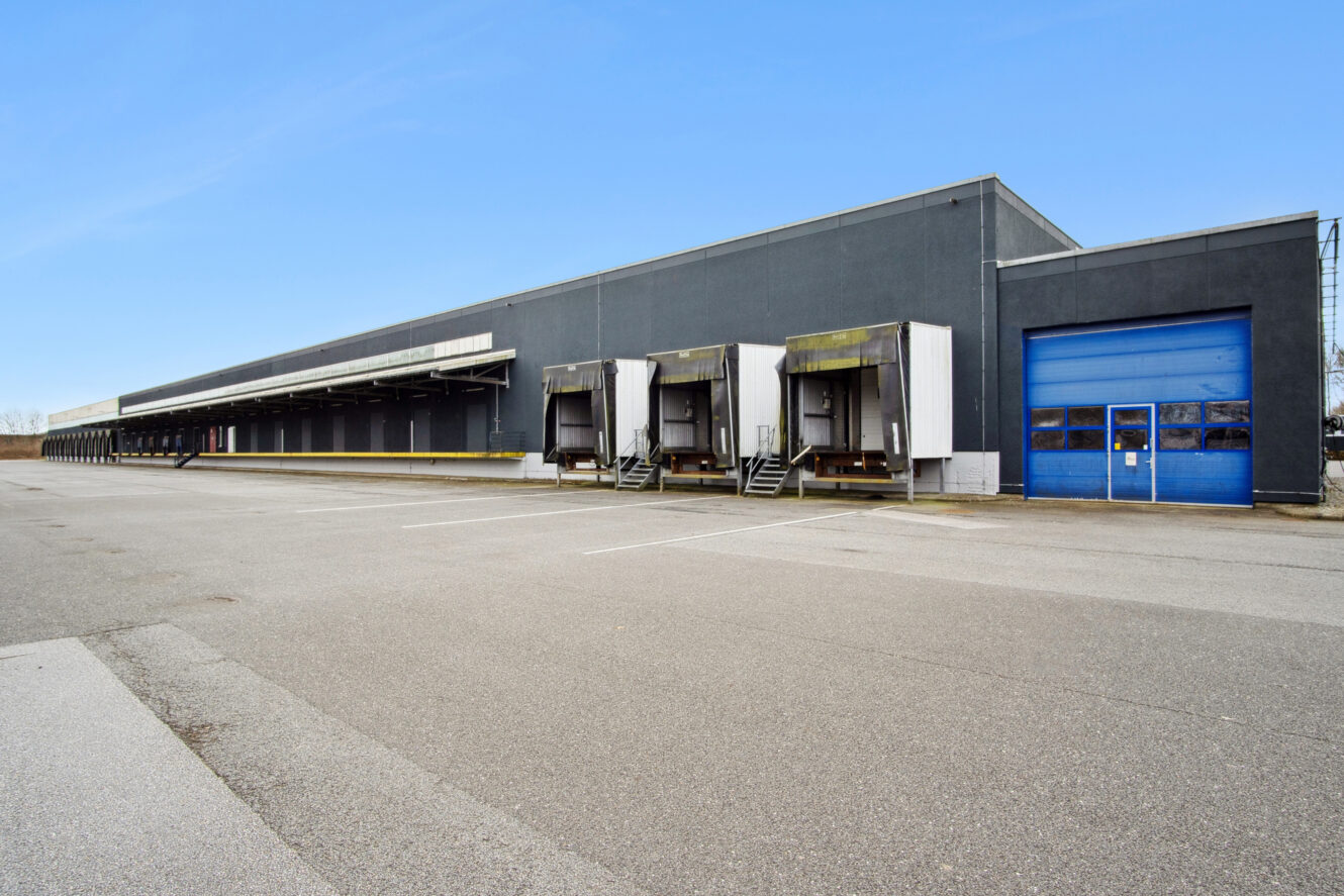 Stort industrilager med to læsseramper, en blå garageport og en tom parkeringsplads under en klar himmel.