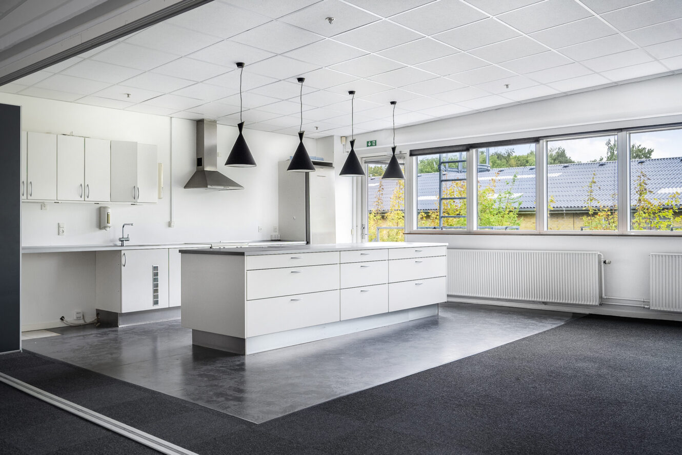 Moderne køkken med hvide skabe, en central ø, sorte pendler og store vinduer. Rummet har en blanding af fliser og gulvtæppe.