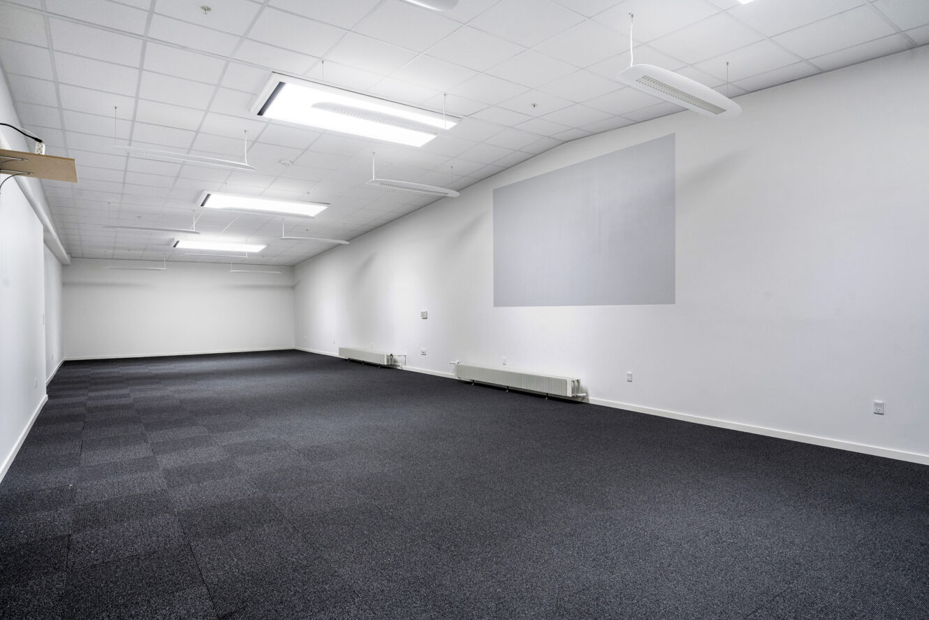 Tomt rum med hvide vægge, gråt gulvtæppe, loftslamper og et tomt rektangulært felt på den ene væg.