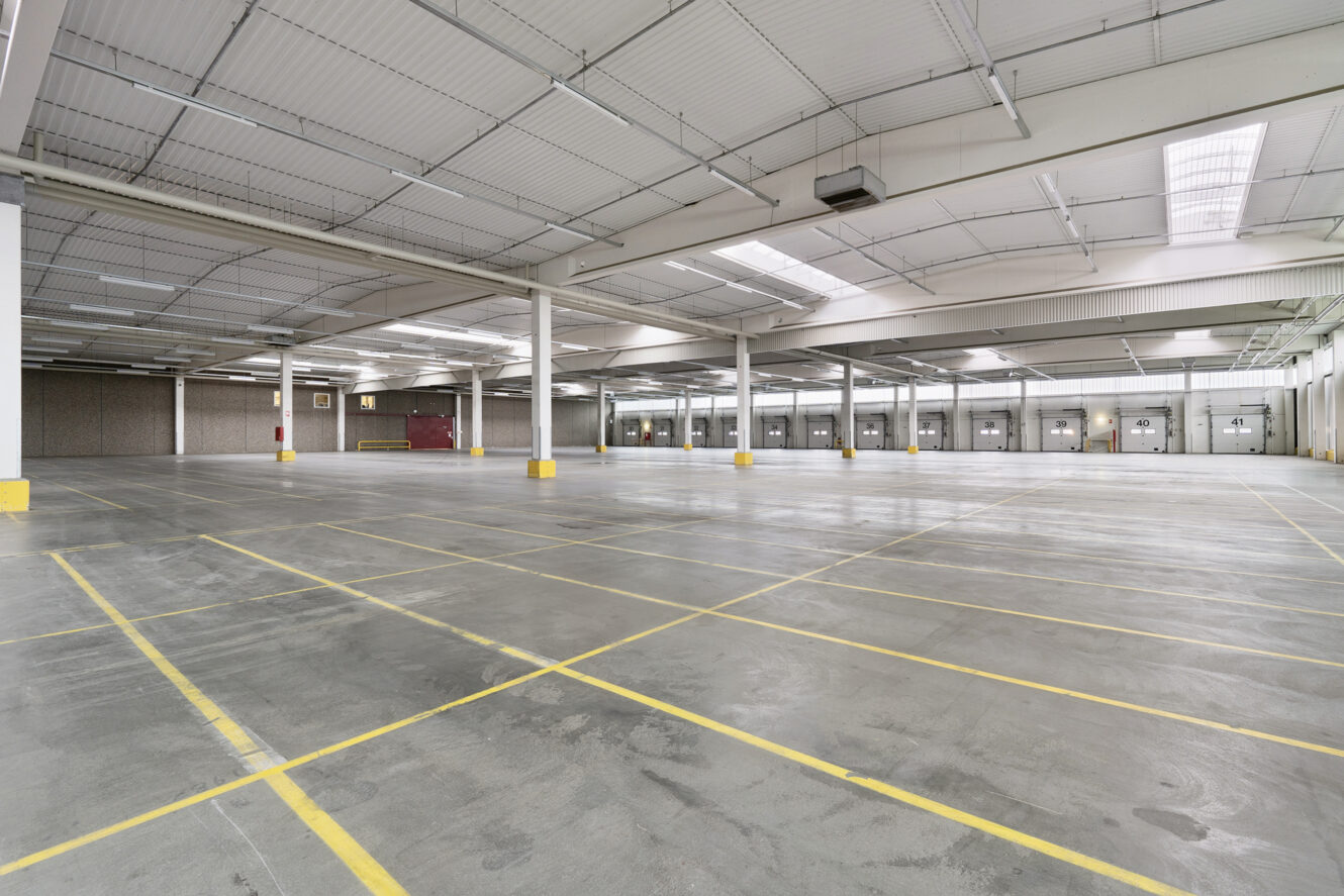 Rummelig, tom lagerbygning med betongulv, parkeringspladser med gul linje, hvide søjler og store loftslamper. Langs bagvæggen er der synlige læsseramper.