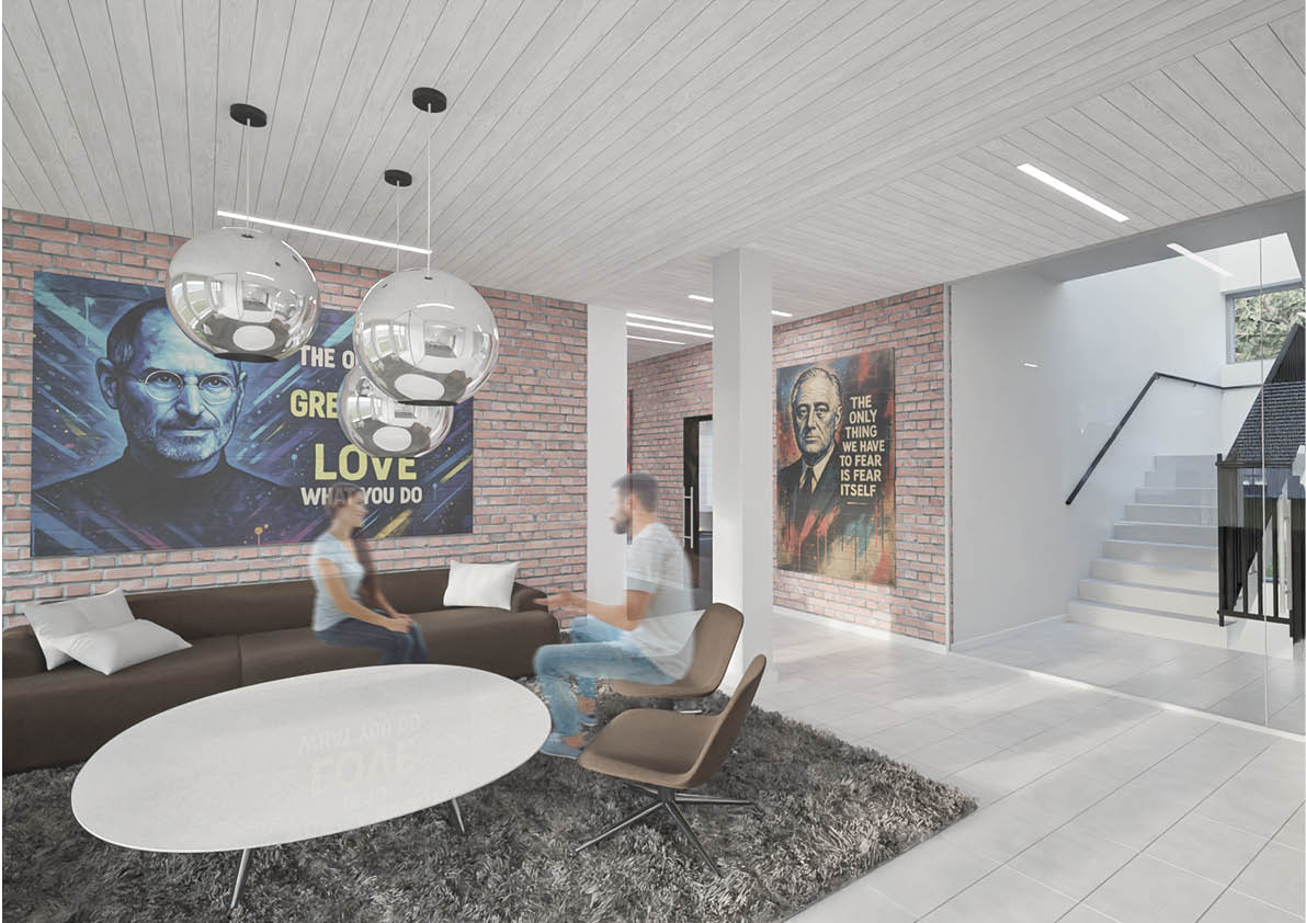 To personer sidder og taler i en moderne stue med murstensvægge, store portrætter, moderne møbler og en trappe i baggrunden.