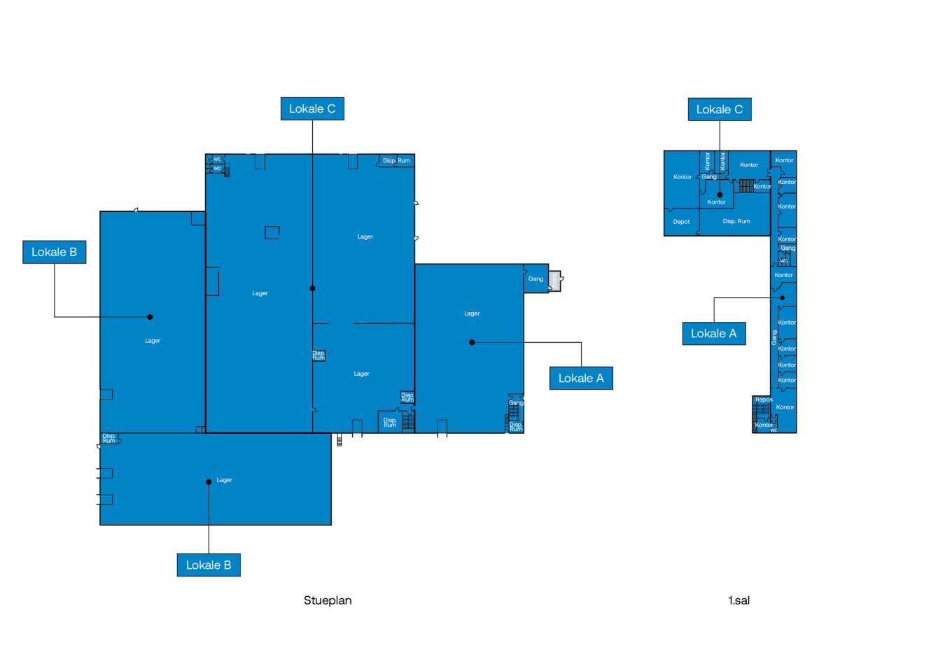 Plantegning med rum markeret som Lokale A, B og C, der viser lagerområder og to niveauer: stueetagen (Stueplan) og første sal (1sal).