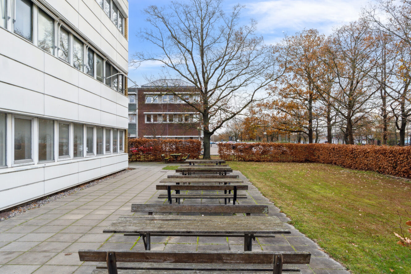 Flere picnicborde af træ er opstillet på et asfalteret område ved siden af en moderne bygning med nøgne træer og klippede hække i baggrunden på en efterårsdag.