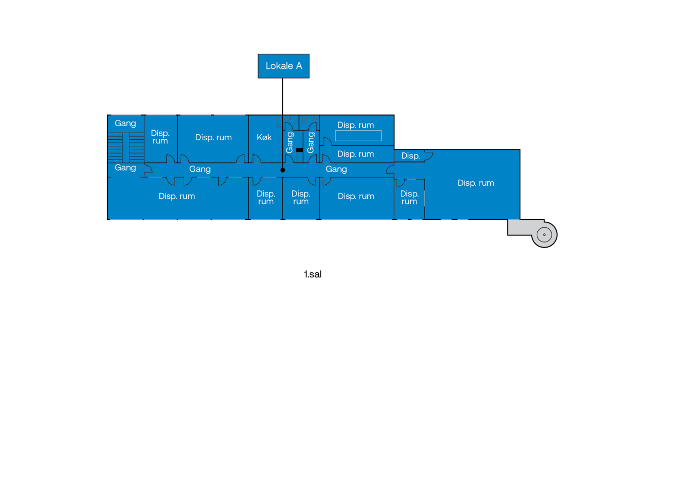 Plantegning mærket "1sal", der viser værelser mærket "Disp. rum", korridorer mærket "Gang", et køkken, trapper og et værelse mærket "Lokale A" øverst.