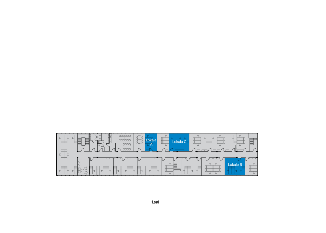 Plantegning, der viser bygningens layout med rum mærket Lokale A, Lokale C og Lokale B fremhævet med blåt blandt andre umærkede rum.