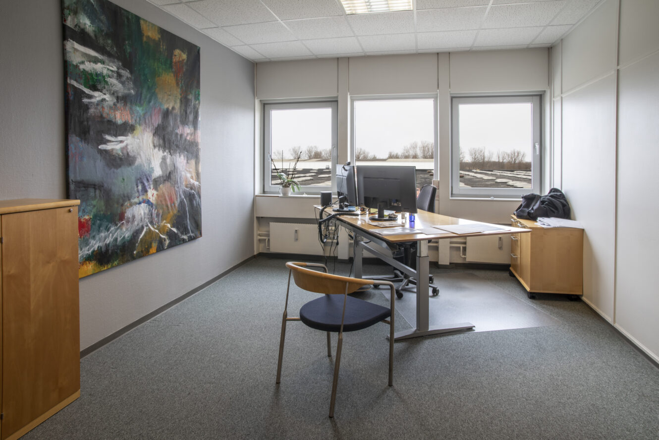 Et moderne kontor med skrivebord, computer, stol, træskabe, et stort abstrakt maleri og tre vinduer med udsigt over et tag og træer.