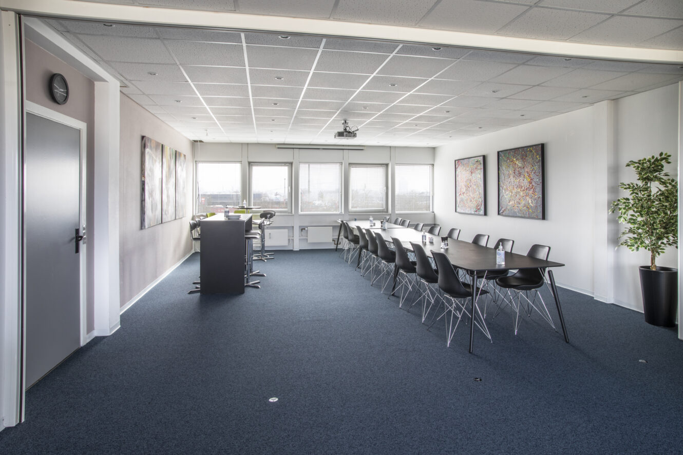 Moderne konferencelokale med et langt bord, sorte stole, store vinduer, vægkunst, et ur og en potteplante på et blåt gulvtæppe.