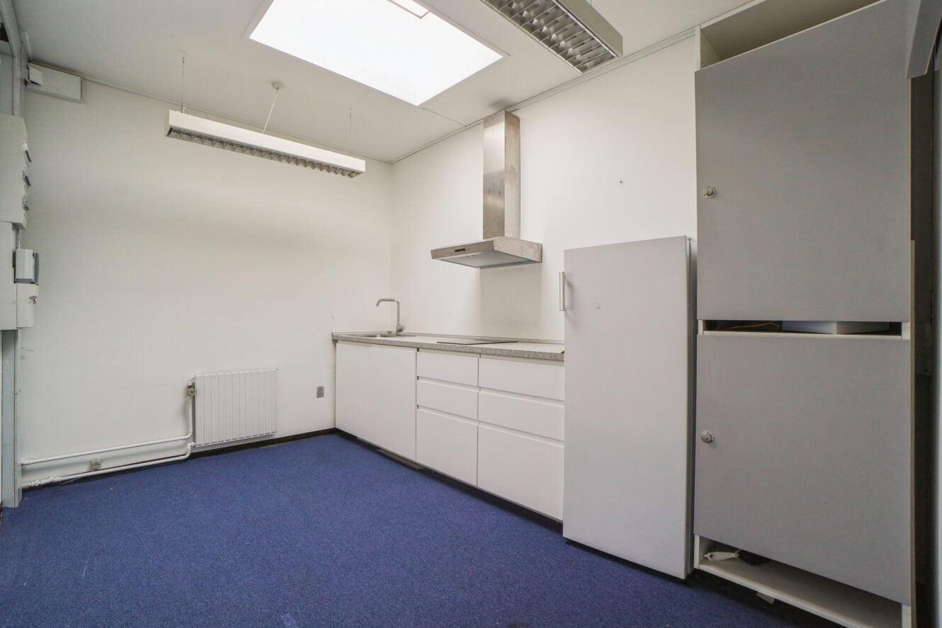 Lille køkken med hvide skabe, en emhætte i rustfrit stål, en vask, et køleskab og et blåt gulvtæppe under et ovenlysvindue.