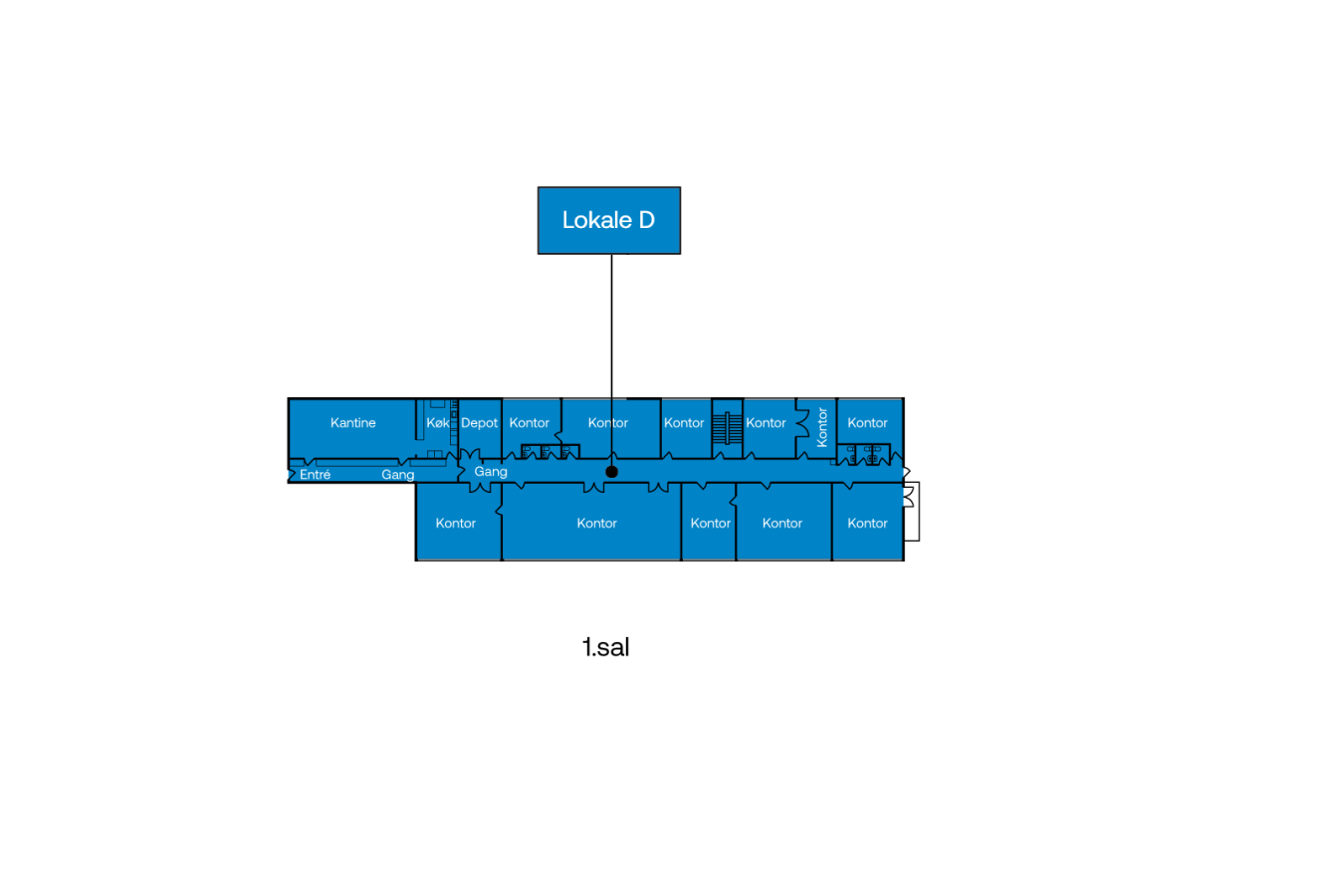 Plantegning af første sal med kontorer, kantine, depot og Lokale D markeret i midten.