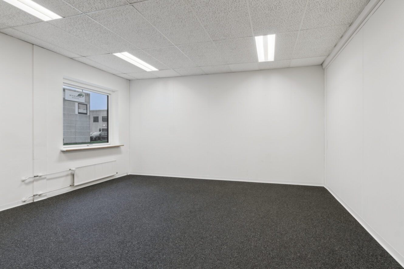 Tomt kontorlokale med hvide vægge, et vindue, loftslamper og mørkt gulvtæppe.
