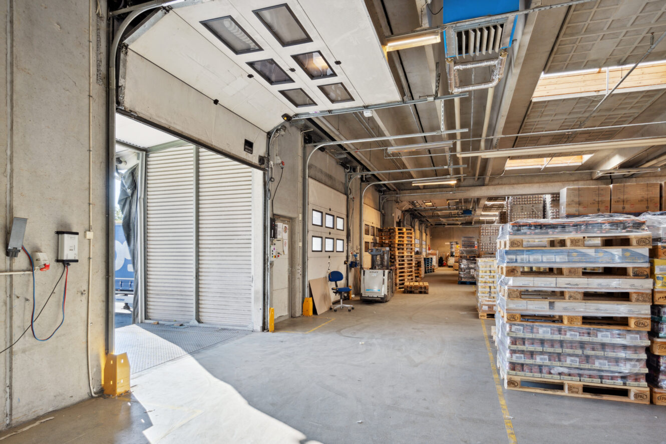Interiør af en lagerbygning med åbne porte til læsseramper, stabler af varer på træpaller og industriel belysning over hovedet.