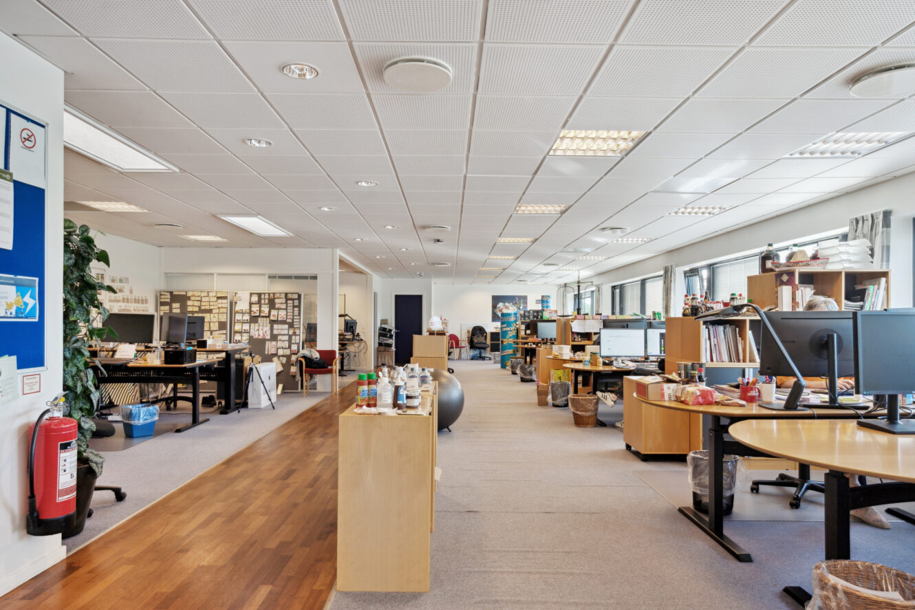 Åbent kontor med flere skriveborde, computere og kontorartikler; store vinduer til højre giver naturligt lys; træ- og gulvtæpper.