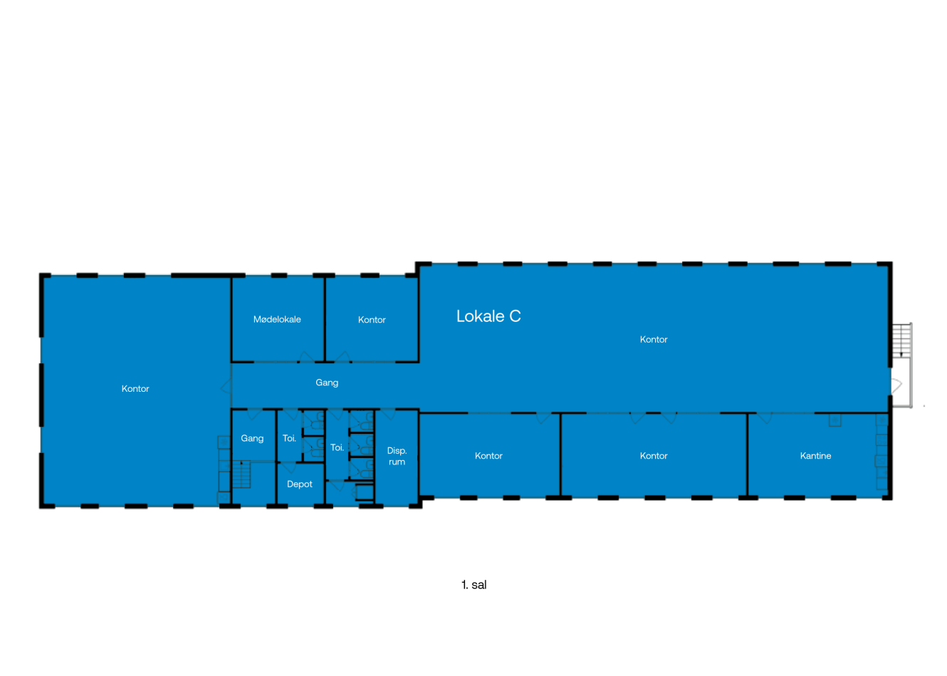 Plantegning på dansk med flere kontorer (kontor), mødelokaler, depot, toiletområder og et stort centralt rum med betegnelsen Lokale C.