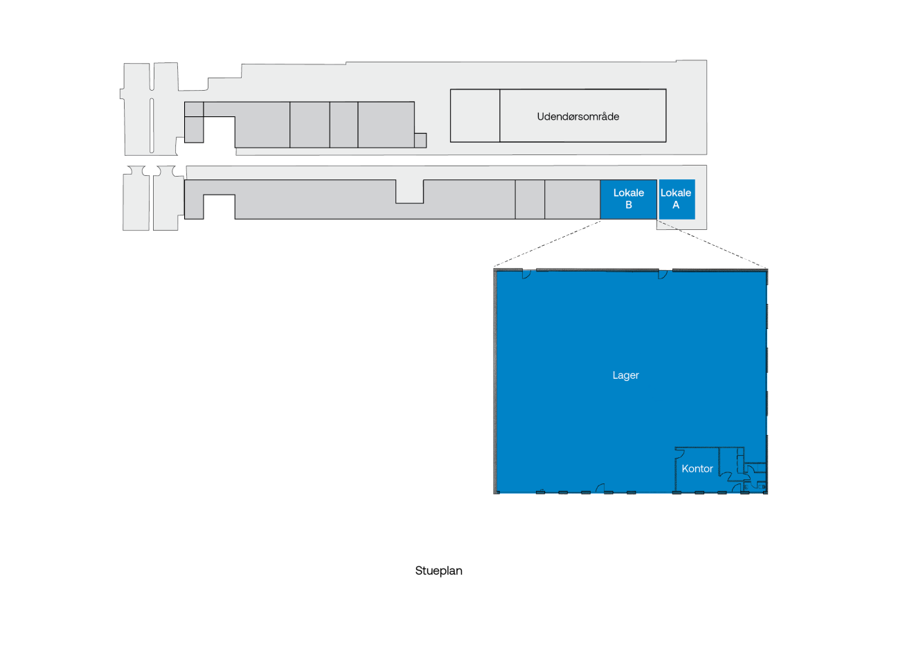 En plantegning viser et udendørs område, to små rum med betegnelsen Lokale A og B, et stort blåt lager og et kontor inde i lageret.
