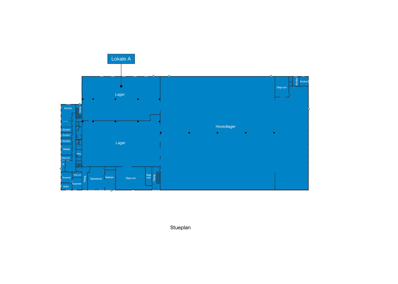 Stueplan i blåtryksstil med flere rum, hvor Lokale A er fremhævet, og store opbevaringsområder er markeret som Lager og Hovedlager.