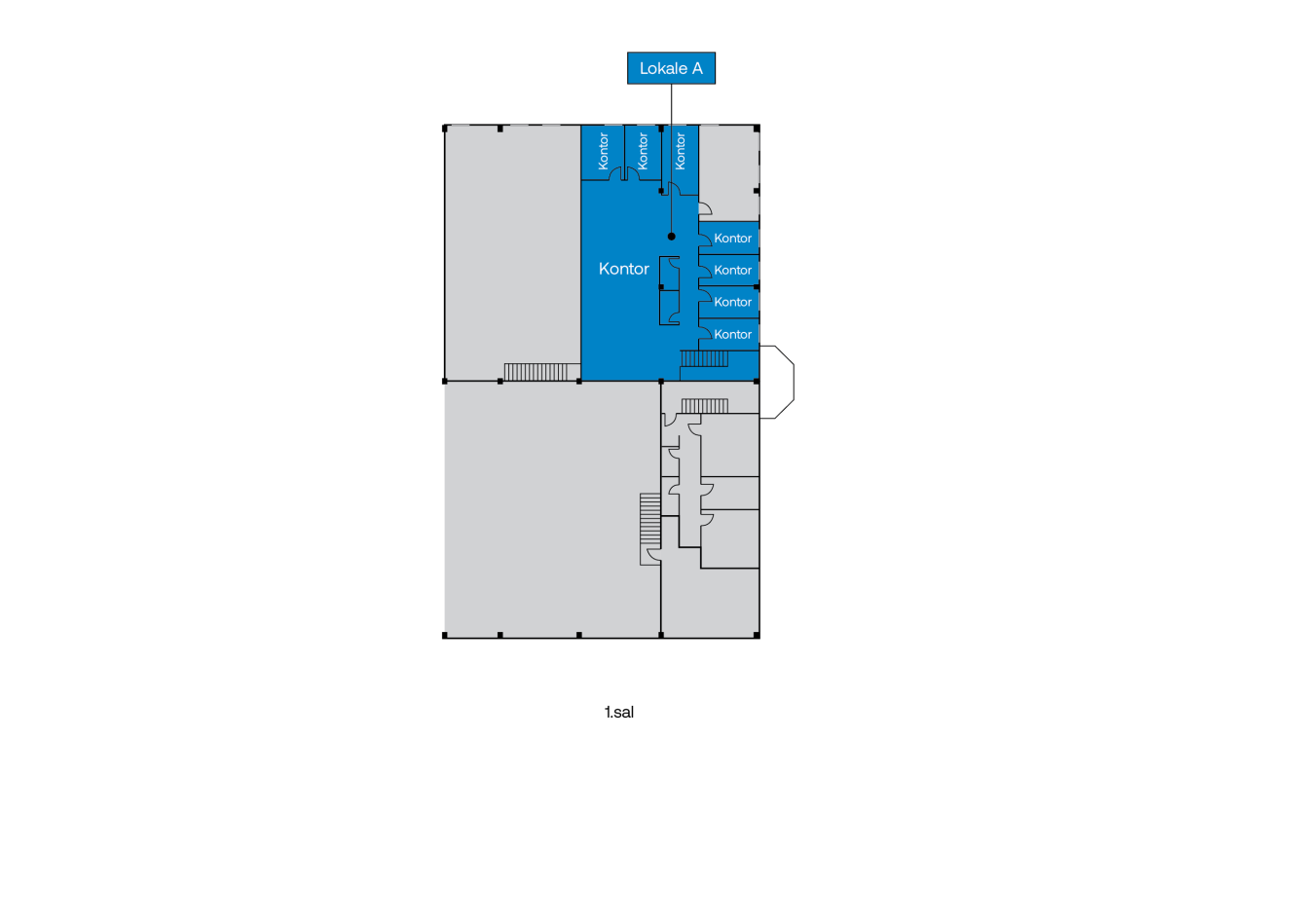 Etageplan mærket Lokale A, der viser flere kontorer (Kontor) og toiletter i blåt på første sal. De resterende områder er umarkerede og gråtonede.