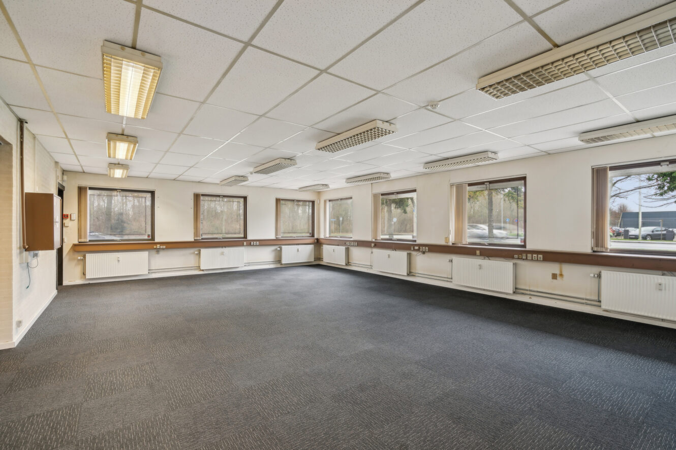 Rummeligt, tomt kontorlokale med gulvtæppe, loftslamper, flere vinduer og hvide vægge.