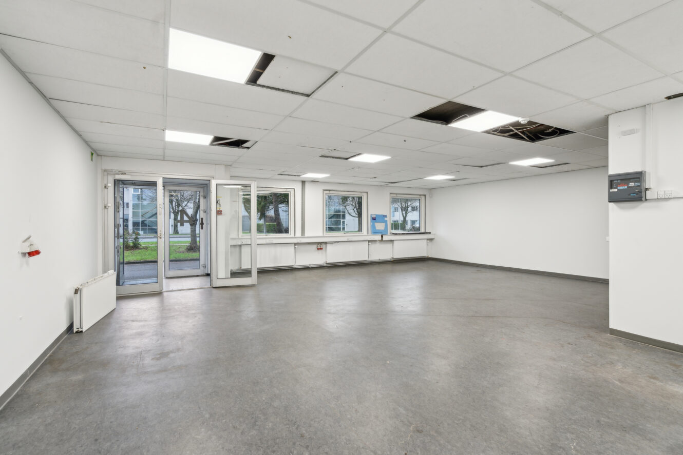 Tomt kontorlokale med hvide vægge, flisebelagt loft med manglende paneler, store vinduer, en indgangsdør af glas og gråt gulv.