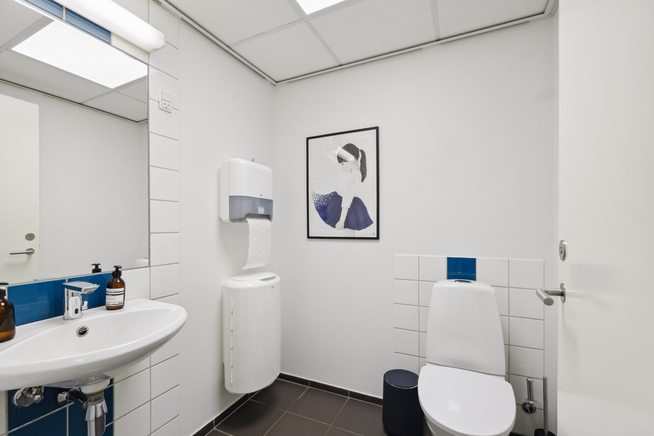 Et rent, moderne badeværelse med håndvask, sæbedispenser, toilet, papirhåndklædedispenser og indrammede kunstværker på en hvid væg.