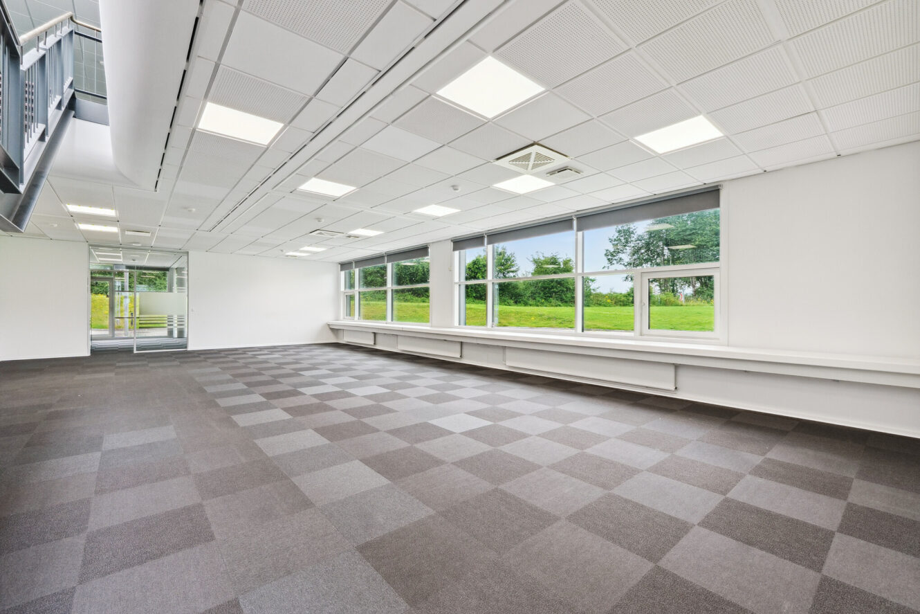 Tomt kontorlokale med ternet gråt tæppe, hvide vægge, store vinduer med udsigt til grønne områder og loftslamper.