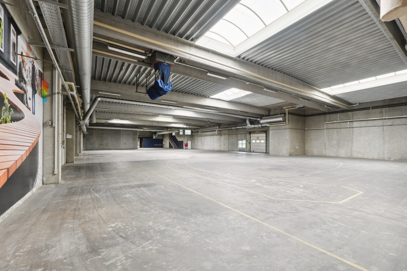 Rummelig, tom gymnastiksal med betongulv, højt metalloft, store vinduer og vægmonterede basketballkurve; noget vægkunst kan ses til venstre.