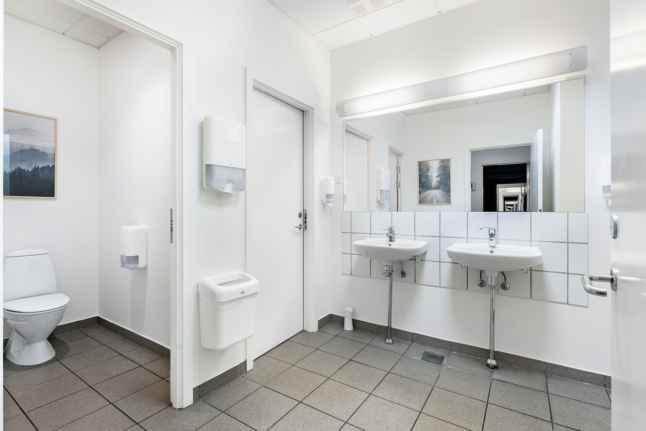 Et rent, moderne toilet med to håndvaske, et stort spejl, et toilet i en separat bås, klinkegulv og hvide vægge.